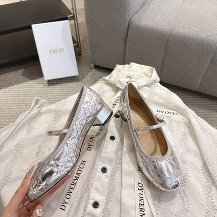 DIOR 26S MARY JANE PUMPS IN SILVER LAMBSKIN PEARL-ADORNED STRAP