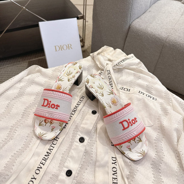 DIOR 26S DWAY FLOWER EDITION HIGH-HEEL SLIDES IN PINK MIX WHITE FABRIC