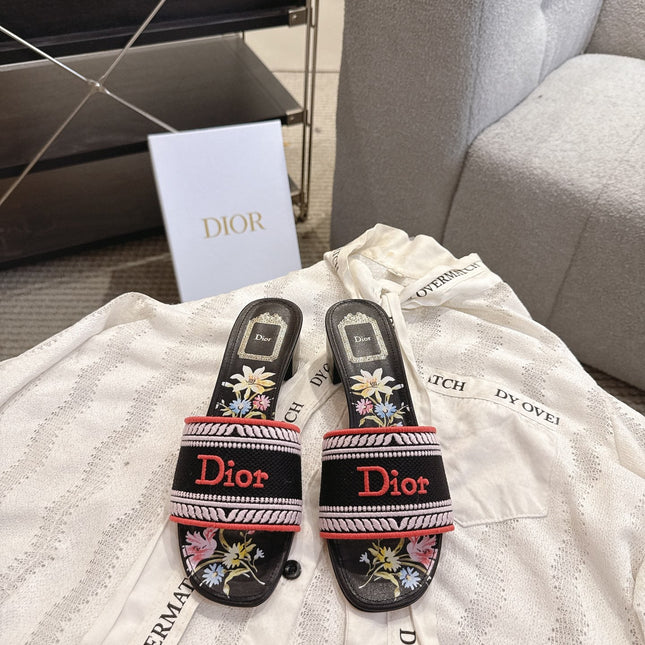 DIOR 26S DWAY FLOWER EDITION HIGH-HEEL SLIDES IN BLACK FABRIC