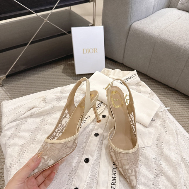 DIOR 26S HIGH-HEEL SLINGBACKS 80 MM IN BEIGE OBLIQUE EMBROIDERED MESH