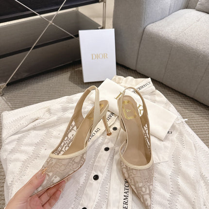 DIOR 26S HIGH-HEEL SLINGBACKS 80 MM IN BEIGE OBLIQUE EMBROIDERED MESH