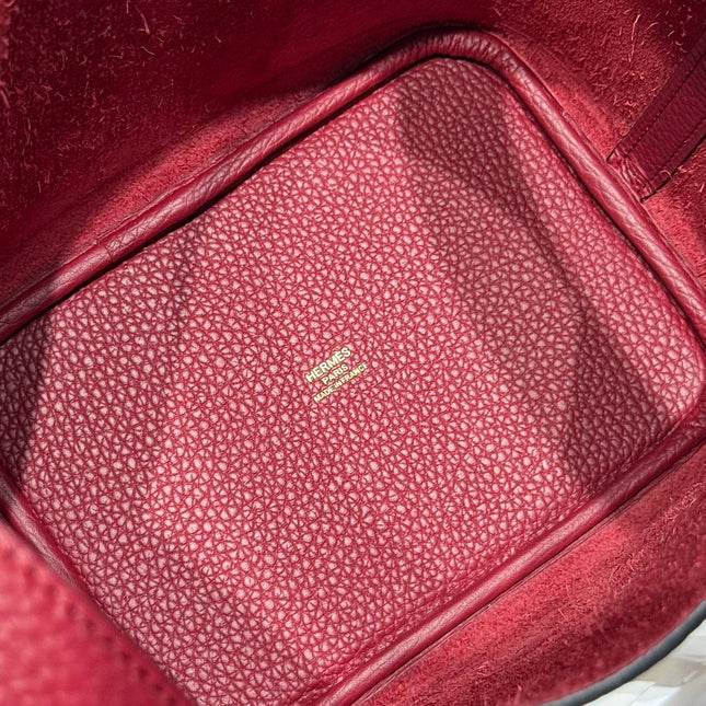 HERMES 25S PICOTIN LOCK 18 IN ROSSO ANCORA RED CALFSKIN GOLD HARDWARE