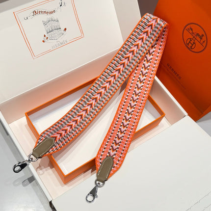 25S HERMES BAG STRAP ORANGE PATTERN 85 IN CANVAS SILVER HARDWARE
