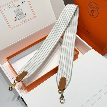 25S HERMES BAG STRAP GRAY AND WHITE PATTERN 85 IN CANVAS GOLD HARDWARE