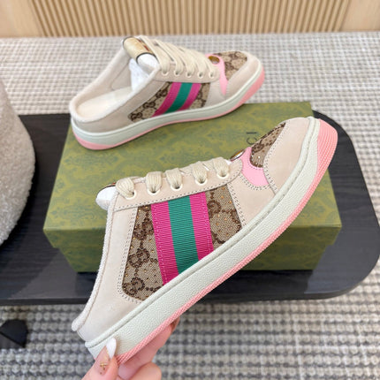 GUCCI 26S BACKLESS SNEAKERS IN BROWN CANVAS AND BEIGE LEATHER