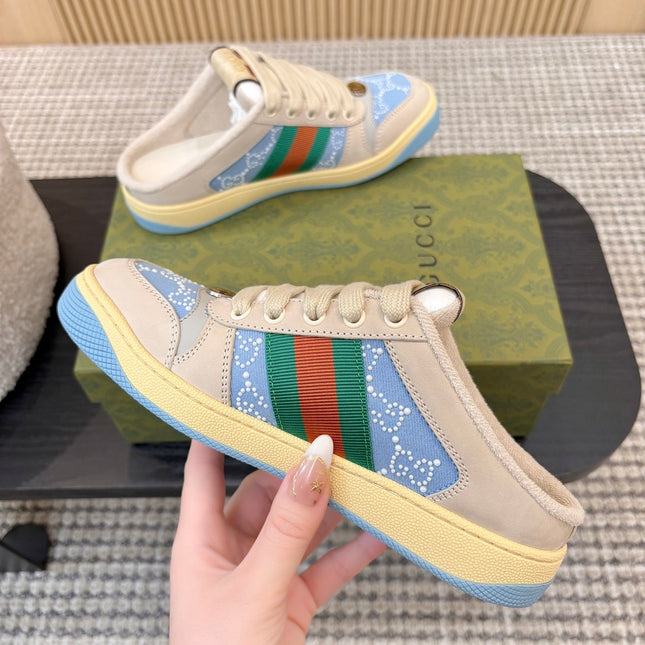 GUCCI 26S BACKLESS SNEAKERS IN BLUE CANVAS AND BEIGE LEATHER
