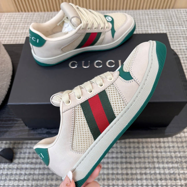 GUCCI 26S MESH SNEAKERS IN LIGHT BEIGE AND GREEN LEATHER