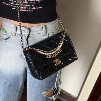 CC MINI 22 FLAP BAG IN BLACK CALFSKIN GOLD HARDWARE WITH PEARL CHAIN