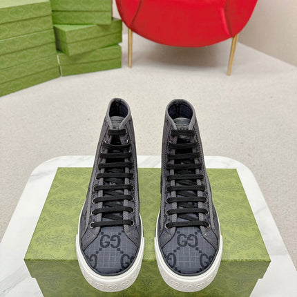 GUCCI 26S HIGH TOP SNEAKERS IN DARK GREY GG MONOGRAM CANVAS