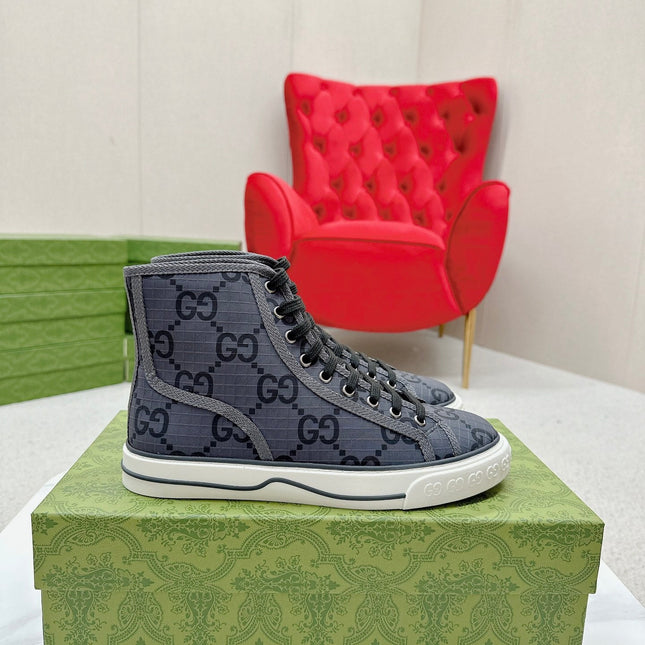 GUCCI 26S HIGH TOP SNEAKERS IN DARK GREY GG MONOGRAM CANVAS