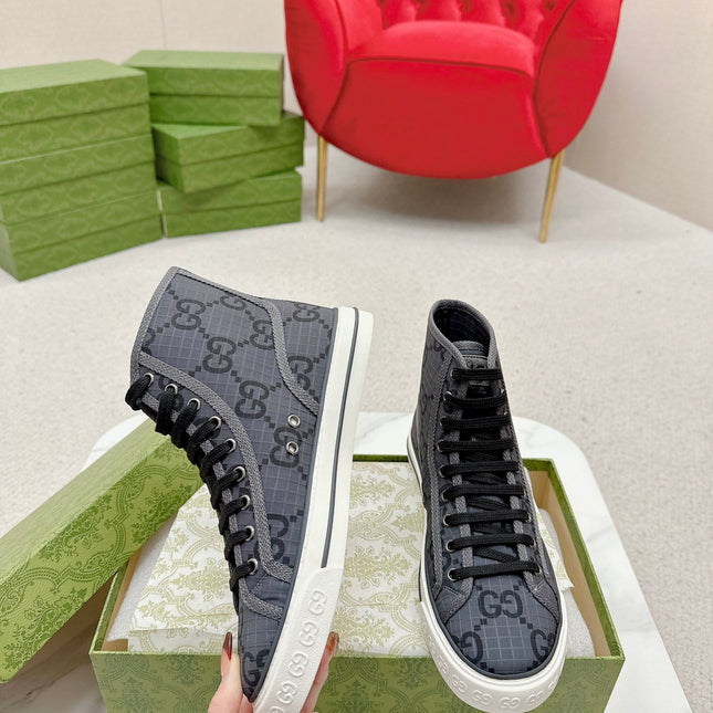 GUCCI 26S HIGH TOP SNEAKERS IN DARK GREY GG MONOGRAM CANVAS