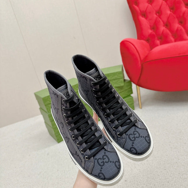 GUCCI 26S HIGH TOP SNEAKERS IN DARK GREY GG MONOGRAM CANVAS