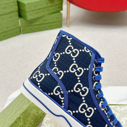 GUCCI 26S HIGH TOP SNEAKERS IN BLACK BLUE GG MONOGRAM CANVAS