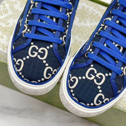 GUCCI 26S HIGH TOP SNEAKERS IN BLACK BLUE GG MONOGRAM CANVAS