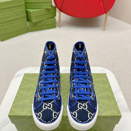 GUCCI 26S HIGH TOP SNEAKERS IN BLACK BLUE GG MONOGRAM CANVAS