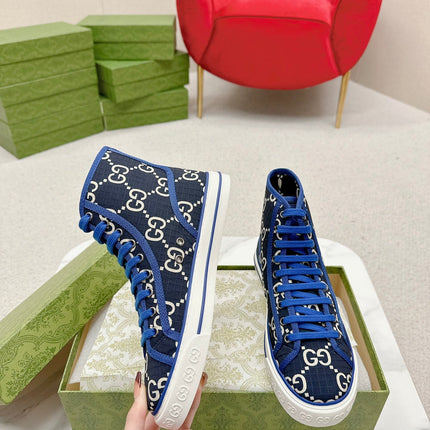 GUCCI 26S HIGH TOP SNEAKERS IN BLACK BLUE GG MONOGRAM CANVAS