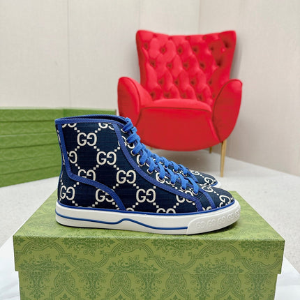 GUCCI 26S HIGH TOP SNEAKERS IN BLACK BLUE GG MONOGRAM CANVAS