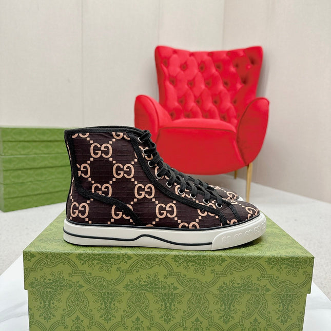 GUCCI 26S HIGH TOP SNEAKERS IN BROWN GG MONOGRAM CANVAS