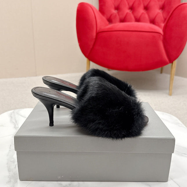 BALENCIAGA 25S HIGH HEEL SANDALS 65 MM IN BLACK LAMBSKIN AND FUR