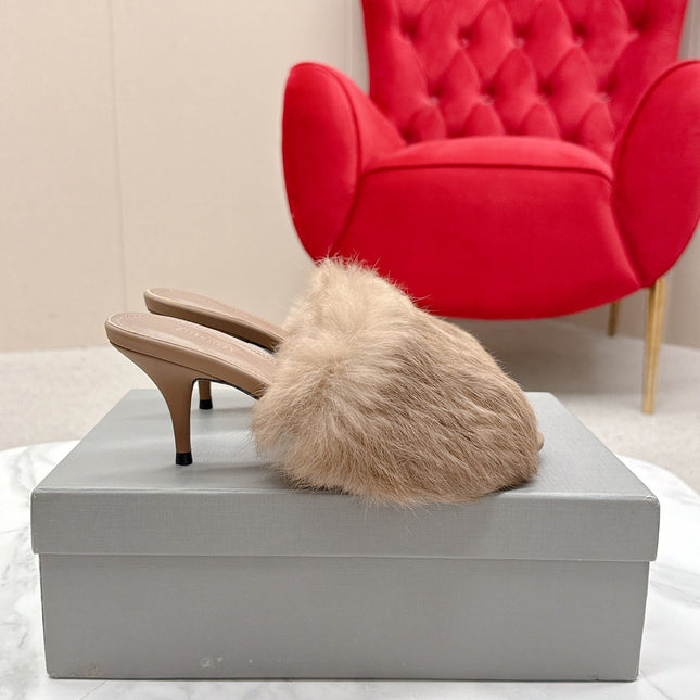 BALENCIAGA 25S HIGH HEEL SANDALS 65 MM IN LIGHT BROWN LAMBSKIN AND FUR