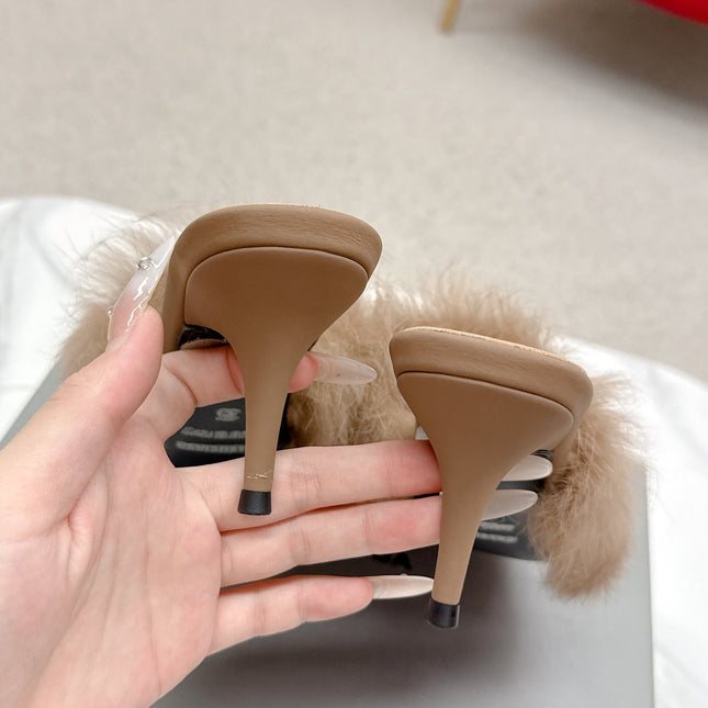 BALENCIAGA 25S HIGH HEEL SANDALS 65 MM IN LIGHT BROWN LAMBSKIN AND FUR