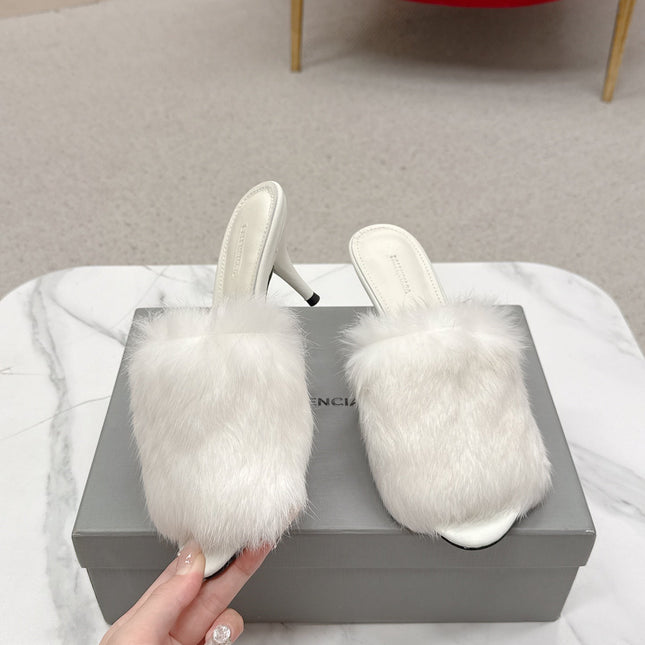 BALENCIAGA 25S HIGH HEEL SANDALS 65 MM IN WHITE LAMBSKIN AND FUR