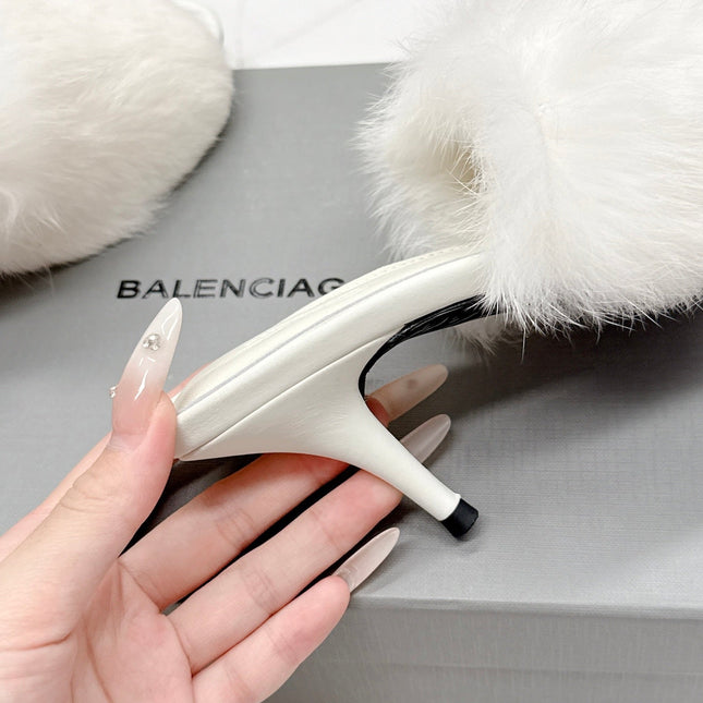 BALENCIAGA 25S HIGH HEEL SANDALS 65 MM IN WHITE LAMBSKIN AND FUR