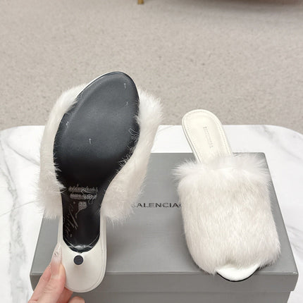 BALENCIAGA 25S HIGH HEEL SANDALS 65 MM IN WHITE LAMBSKIN AND FUR