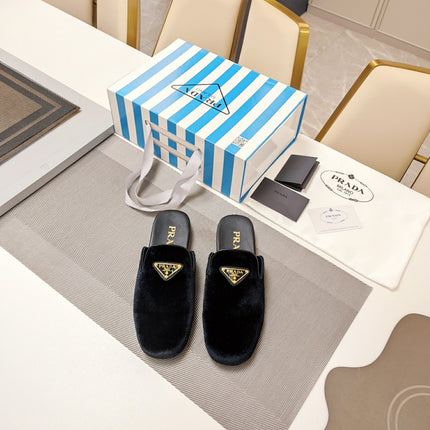 PRADA 26S SQUARE TOE SLIPPERS IN BLACK VELVET