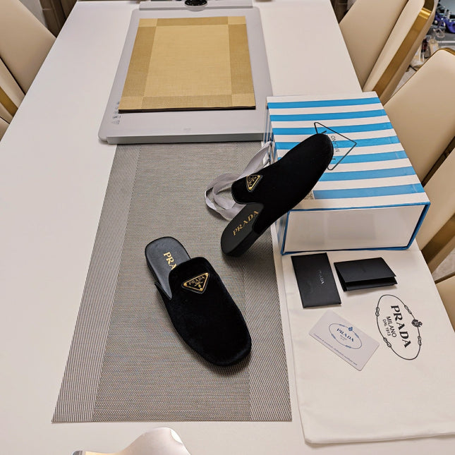 PRADA 26S SQUARE TOE SLIPPERS IN BLACK VELVET