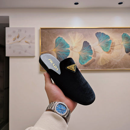 PRADA 26S SQUARE TOE SLIPPERS IN BLACK VELVET