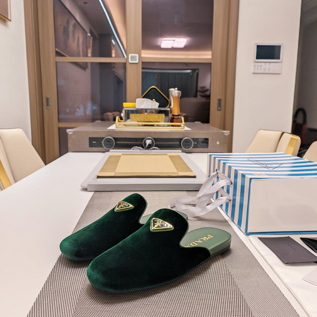 PRADA 26S SQUARE TOE SLIPPERS IN DARK GREEN VELVET