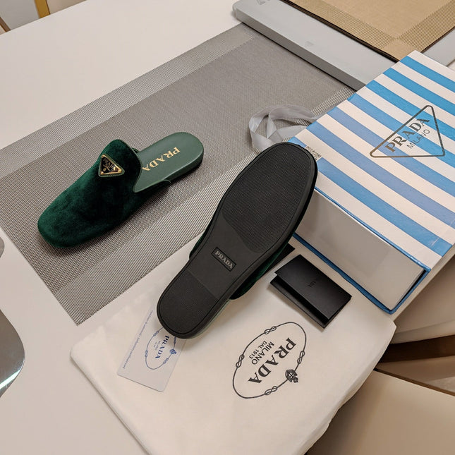PRADA 26S SQUARE TOE SLIPPERS IN DARK GREEN VELVET