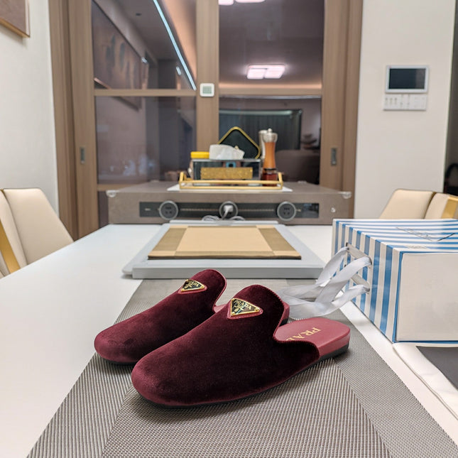 PRADA 26S SQUARE TOE SLIPPERS IN BURGUNDY RED VELVET