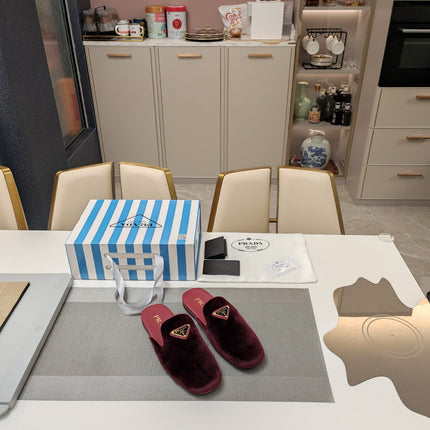 PRADA 26S SQUARE TOE SLIPPERS IN BURGUNDY RED VELVET