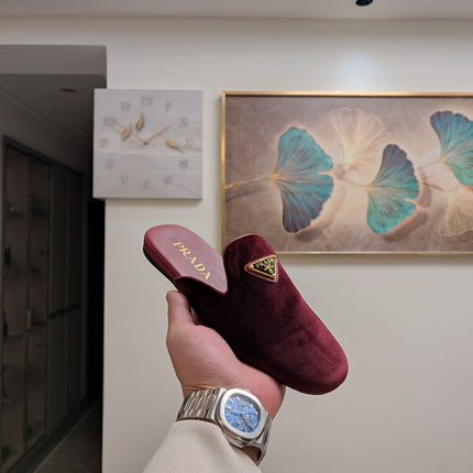 PRADA 26S SQUARE TOE SLIPPERS IN BURGUNDY RED VELVET
