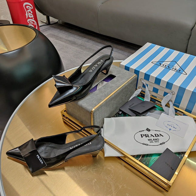 PRADA 26S SLINGBACK PUMPS 45MM IN BLACK SMOOTH CALFSKIN