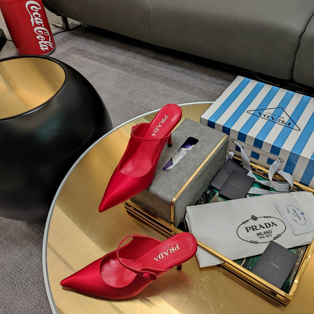 PRADA 26S HIGH-HEELED MULES 85MM IN DARK RED SATIN