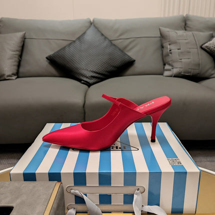PRADA 26S HIGH-HEELED MULES 85MM IN DARK RED SATIN