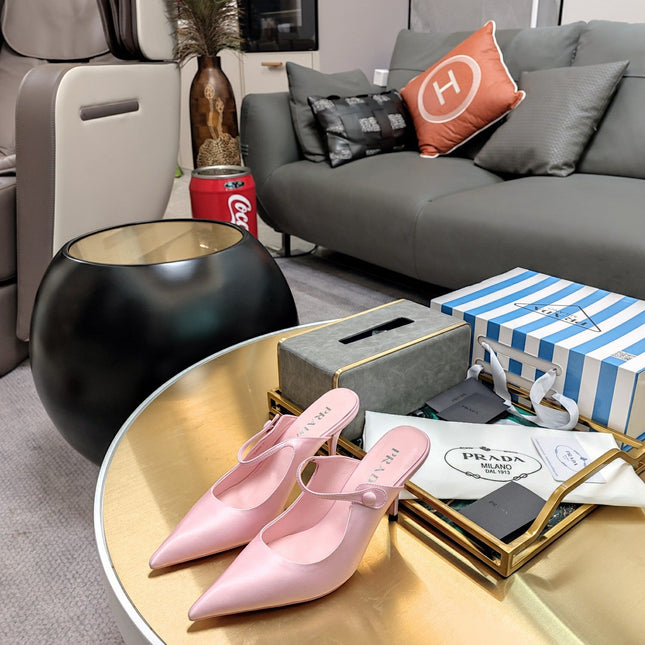 PRADA 26S HIGH-HEELED MULES 85MM IN LIGHT PINK SATIN