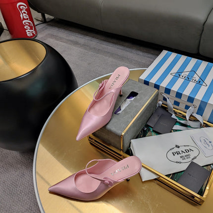 PRADA 26S HIGH-HEELED MULES 85MM IN LIGHT PINK SATIN