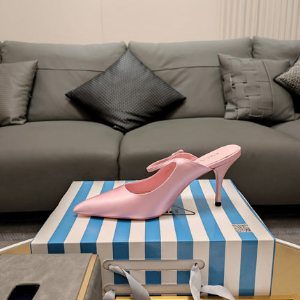 PRADA 26S HIGH-HEELED MULES 85MM IN LIGHT PINK SATIN