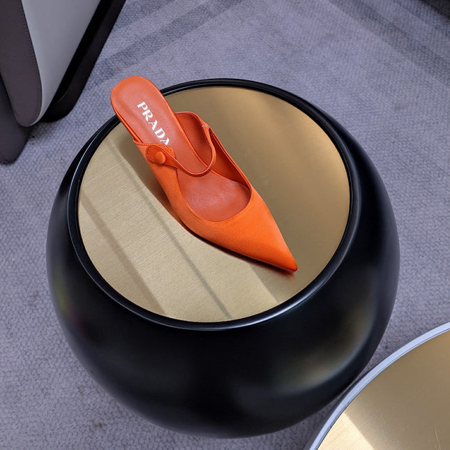 PRADA 26S HIGH-HEELED MULES 85MM IN ORANGE SATIN