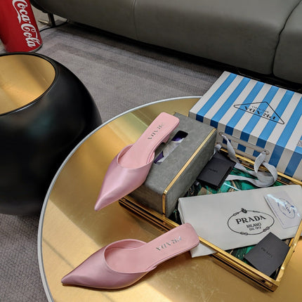 PRADA 26S POINTED TOE MULES 40MM IN LIGHT PINK SATIN