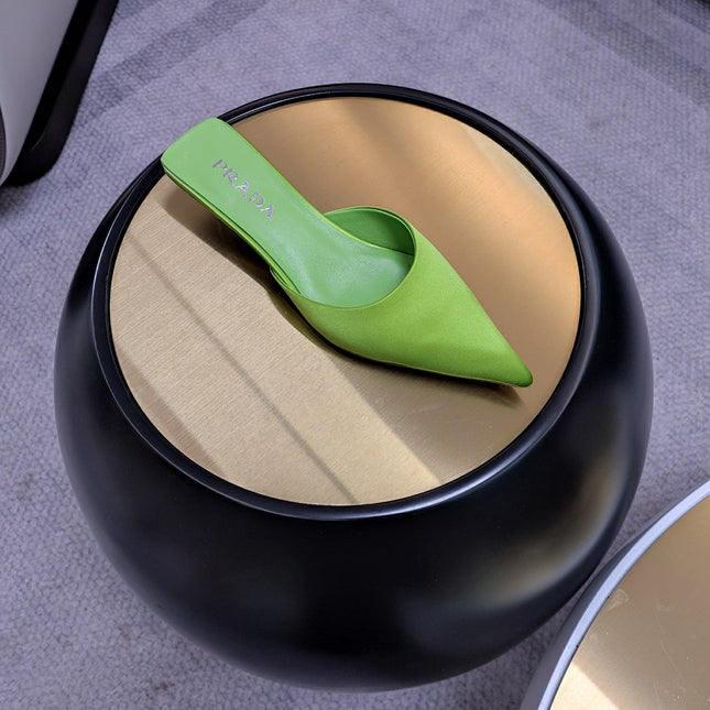 PRADA 26S POINTED TOE MULES 40MM IN GREEN SATIN