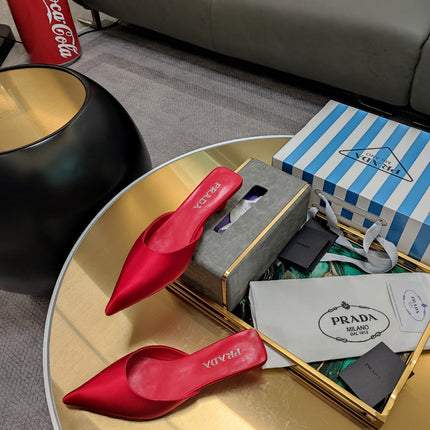 PRADA 26S POINTED TOE MULES 40MM IN DARK RED SATIN