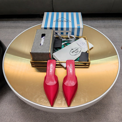 PRADA 26S POINTED TOE MULES 40MM IN DARK RED SATIN