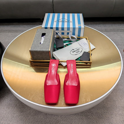 PRADA 26S SQUARE TOE MULES 40MM IN DARK RED SATIN