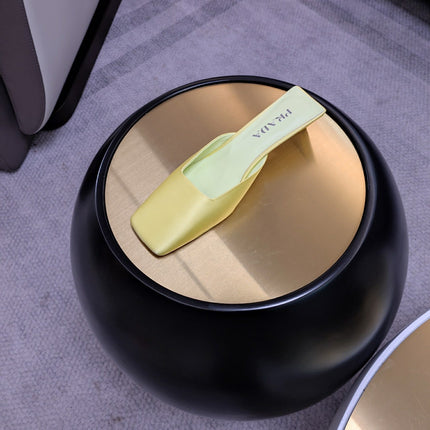 PRADA 26S SQUARE TOE MULES 40MM IN LIGHT YELLOW SATIN