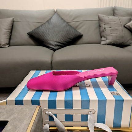 PRADA 26S SQUARE TOE MULES 40MM IN HOT PINK SATIN
